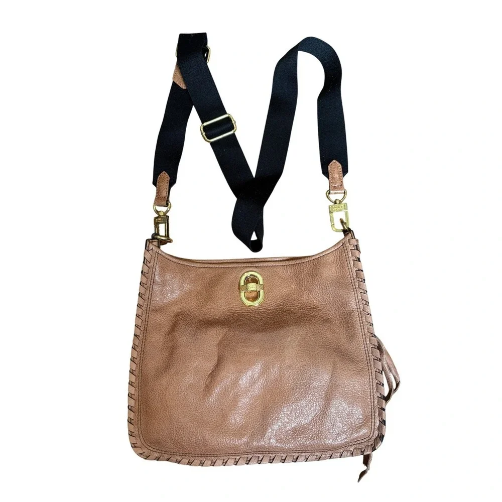 Aimee Kestenberg Tan Leather Whipstitch Crossbody Bag Gold Turn Lock Messenger